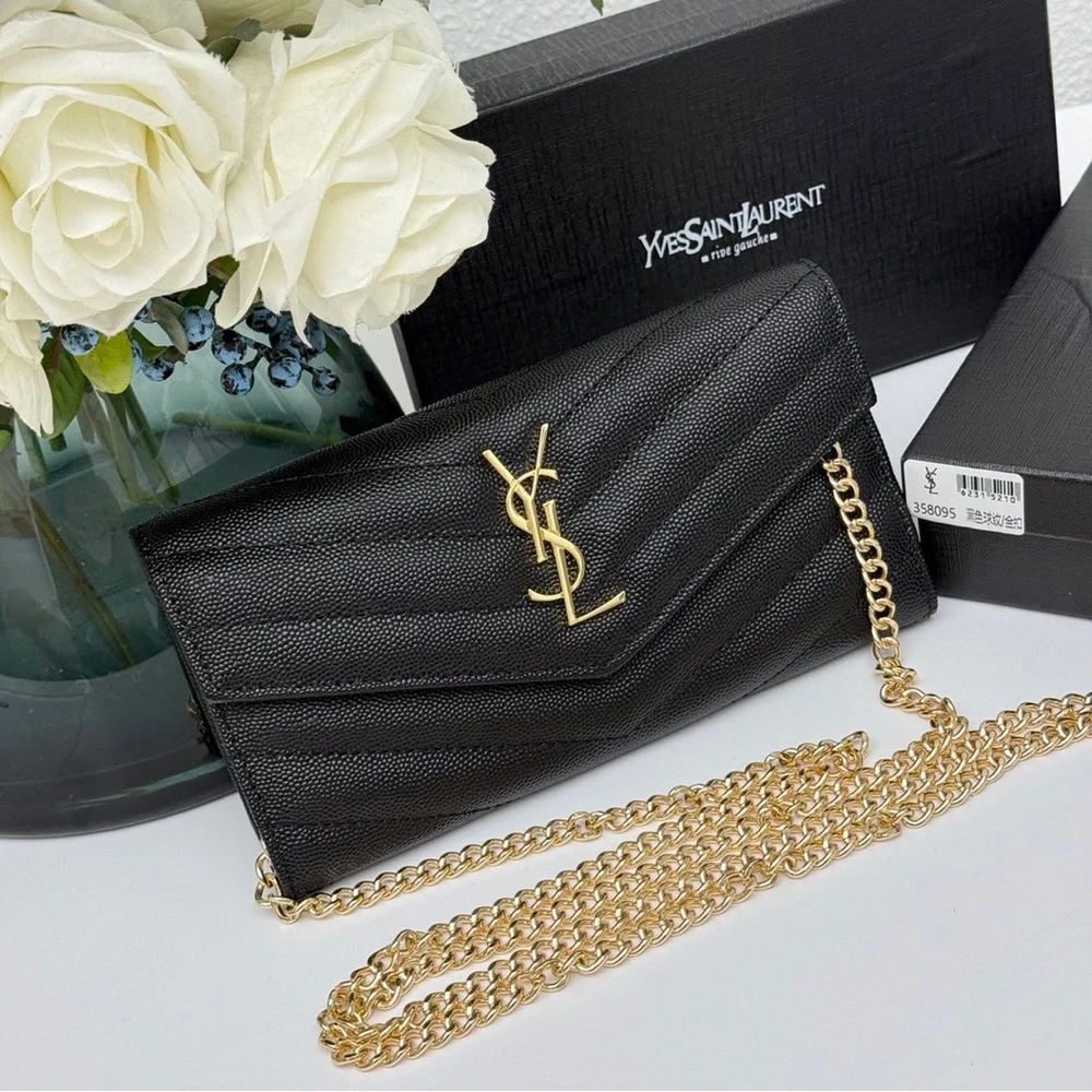 Yves Saint Laurent Black Textured Clutch with Gold Chain